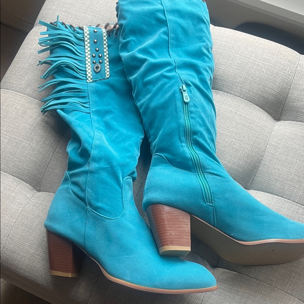 Turquoise Suede Fringe Heeled Boots - Stylish Knee-High Women's Boots